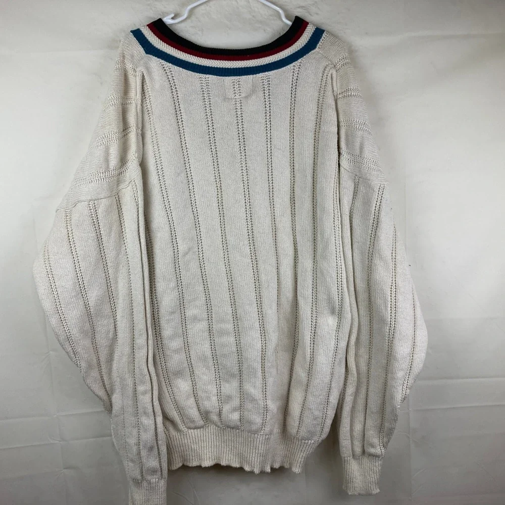 Vintage V-Neck Tennis Sweater Mens 3XL Cream‎ USA Cable Knit Striped Preppy